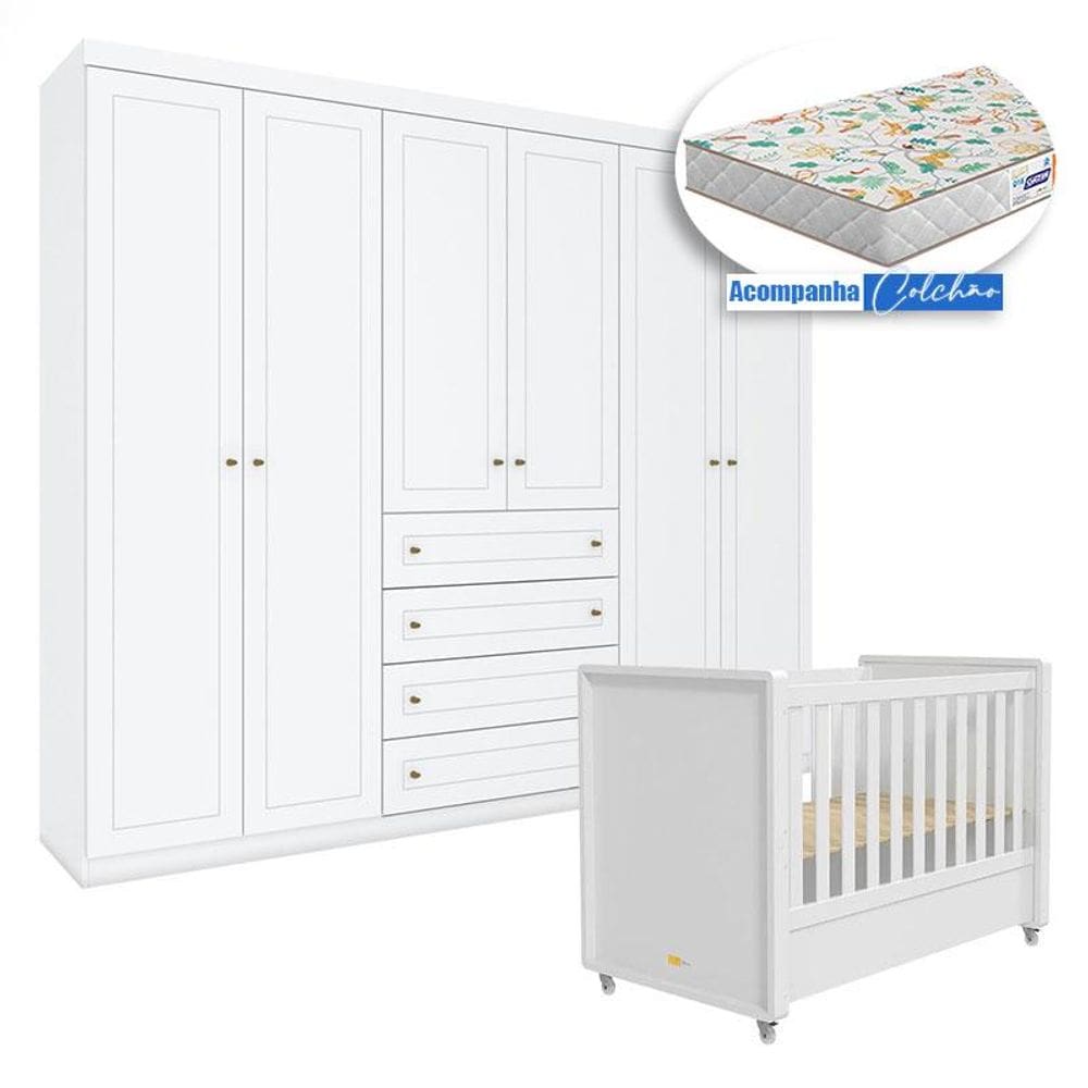 Berço Tutto New com Guarda Roupa Americano 6 Portas Branco Fosco e Colchão Gazin - Matic