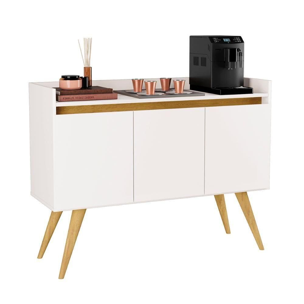 Aparador Buffet Sala Gold 3 Portas Com Pés De Madeira Maciça Branco Mel