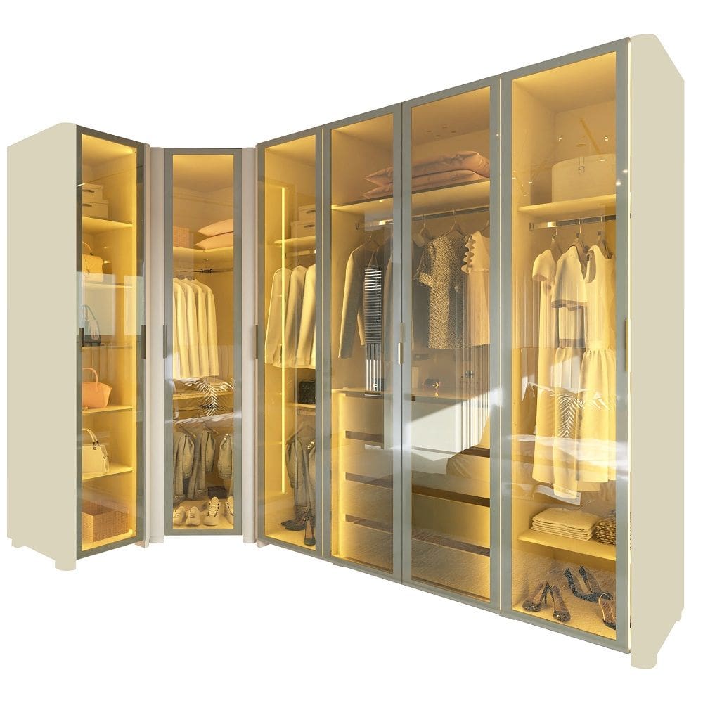 Guarda Roupa Roupeiro Casal Gelius Innova de canto com 6 portas reflecta LED modulo 2 com larguras de 260 x 140 cm OFF White