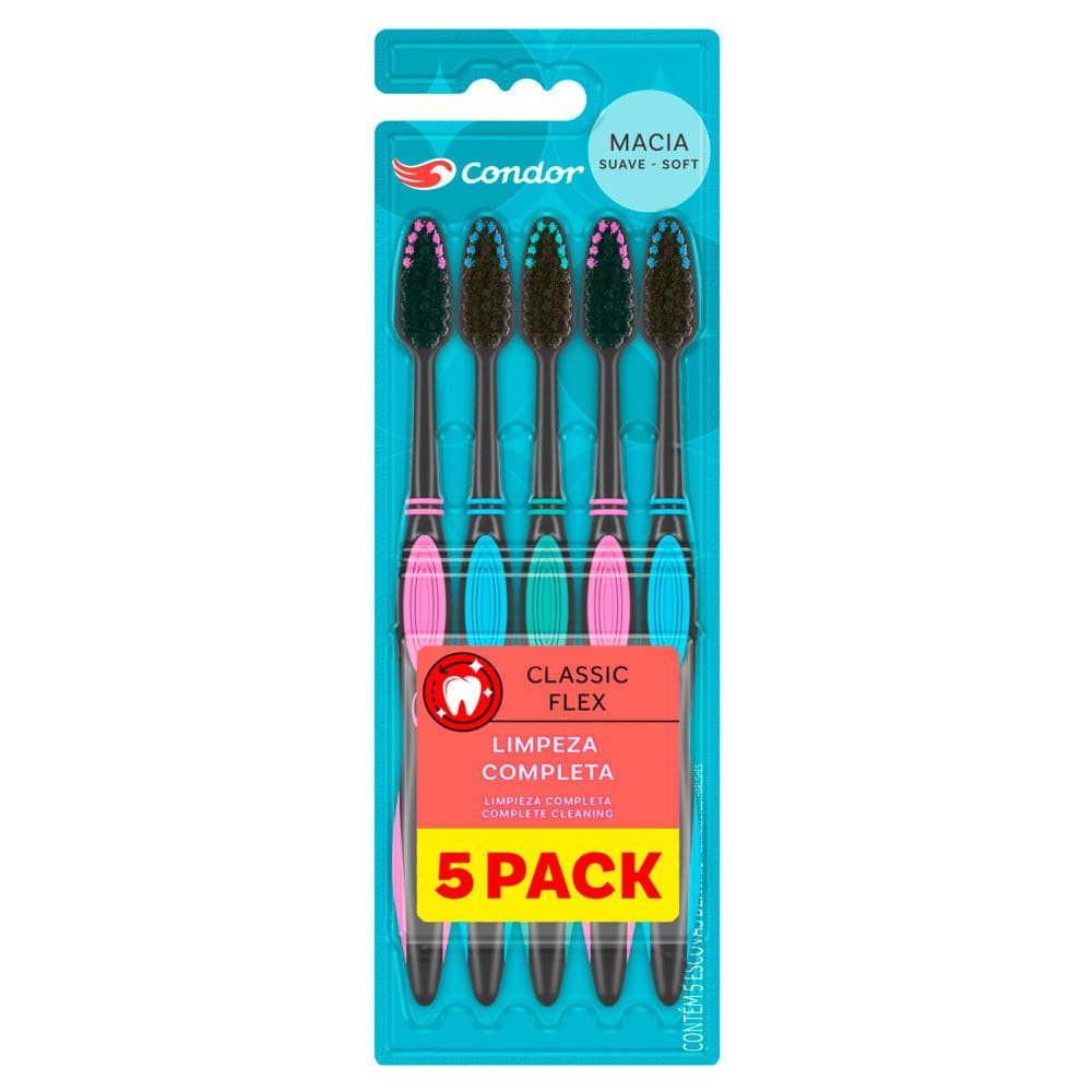 Escova Dental Condor Classic Flex Macia Cores 5 Unidades