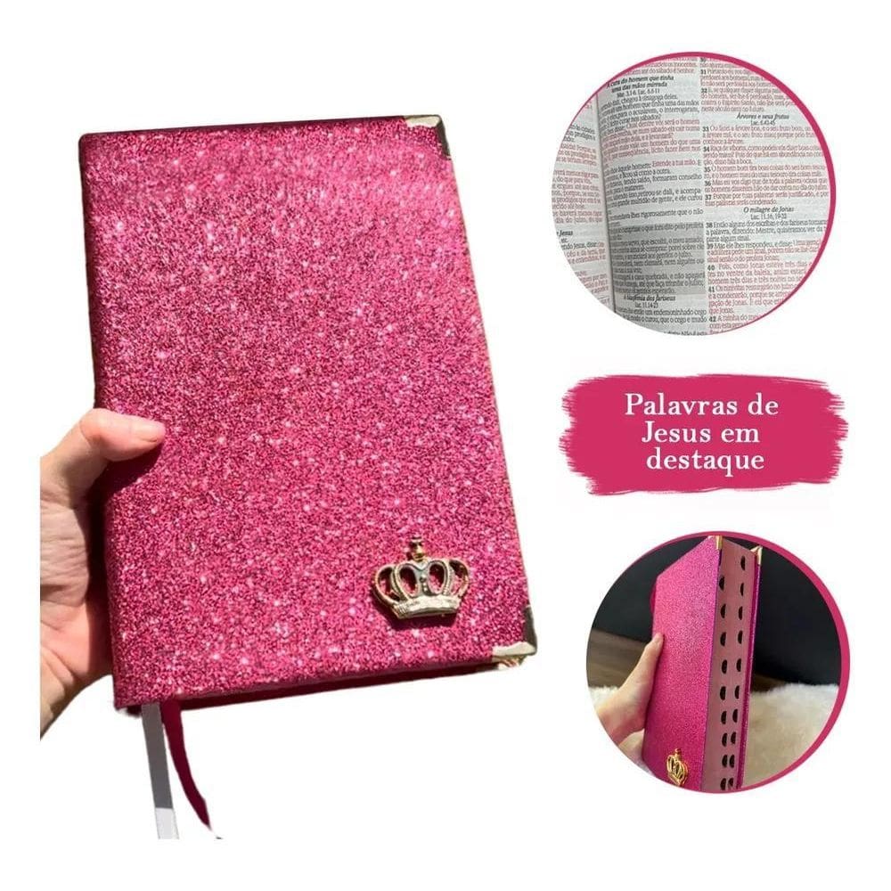 Bíblia Sagrada Rosa Luxo Glitter Brilho Letras Médias
