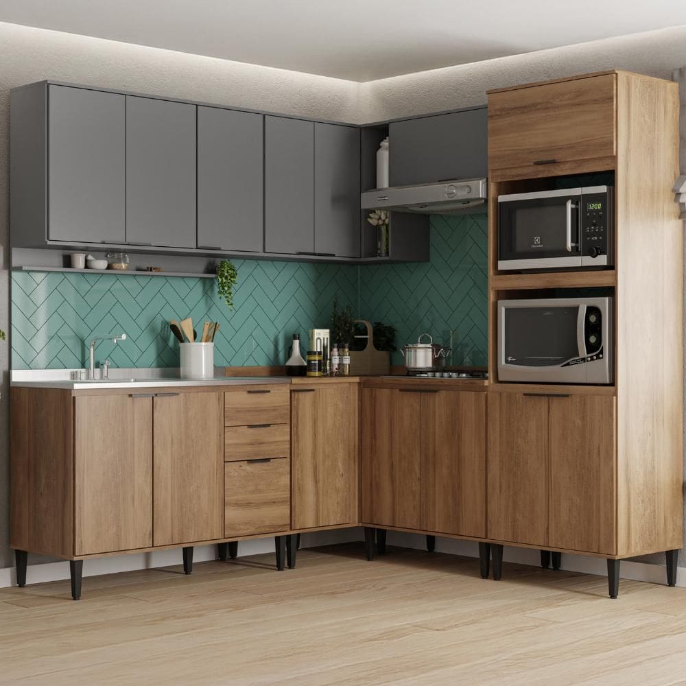 Armário de Cozinha Completa Miami Flow Carraro Freijó com Cinza Titânio