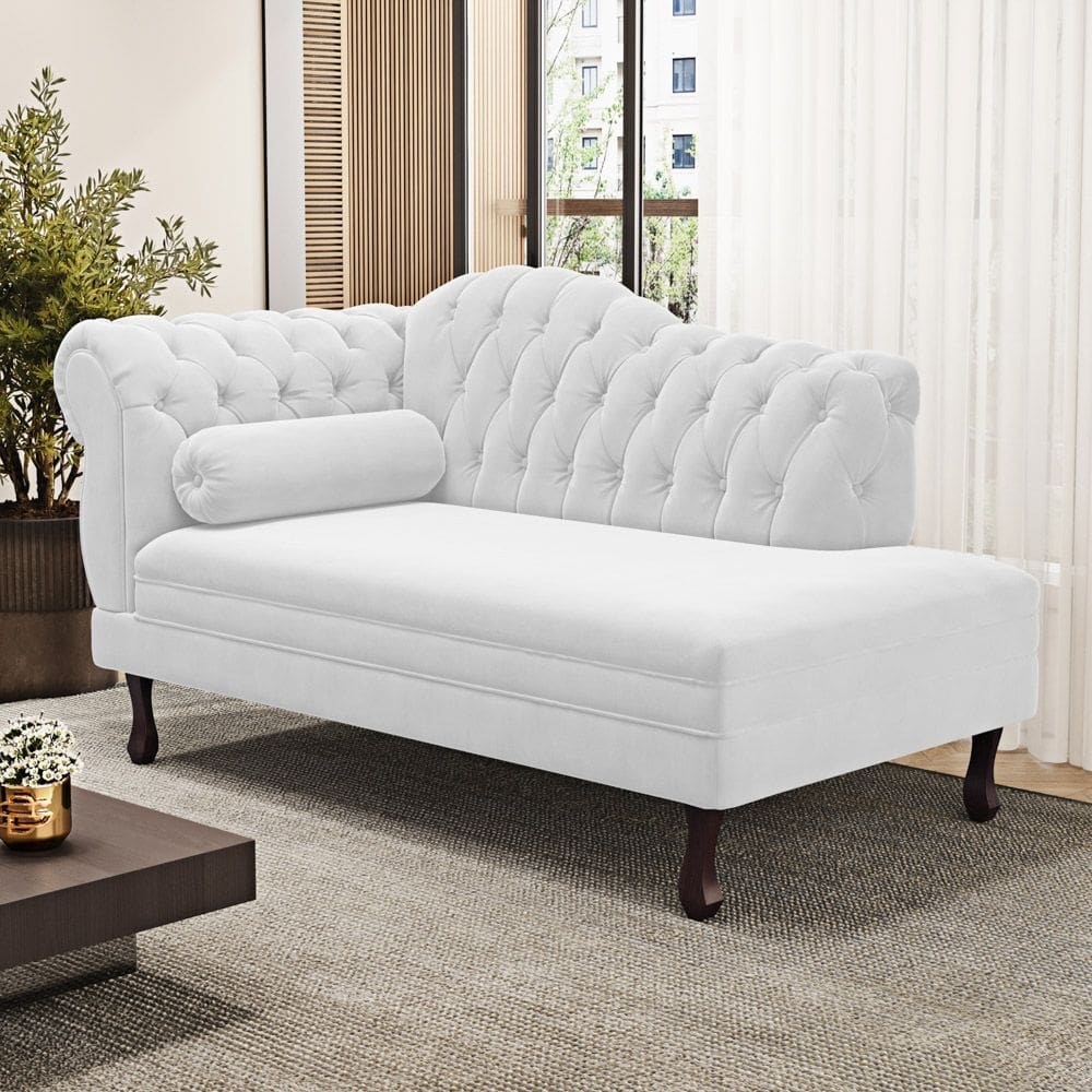 Divã Recamier Lavínia Clássico 120cm Capitonê com Pés de Madeira Courino Branco - Desk Design