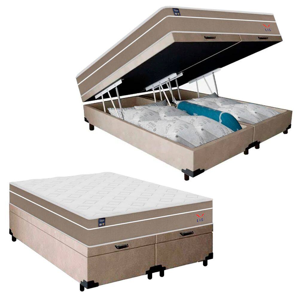 Cama Box Baú Casal Bipartido Suede + Colchão Lis Molas Ensacadas Plumatex 138cm