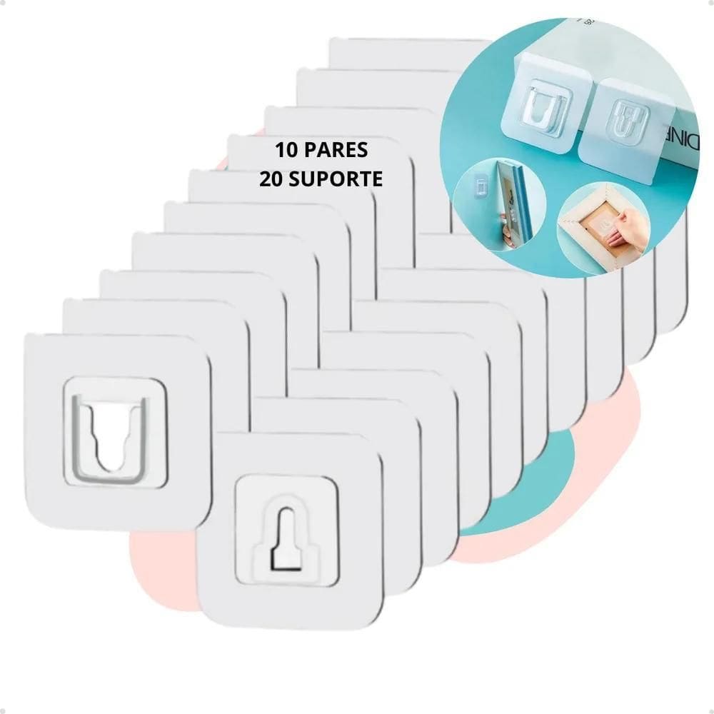 20 Suporte 10 Pares Adesivo Gancho P/Quadro Sem Prego Furo