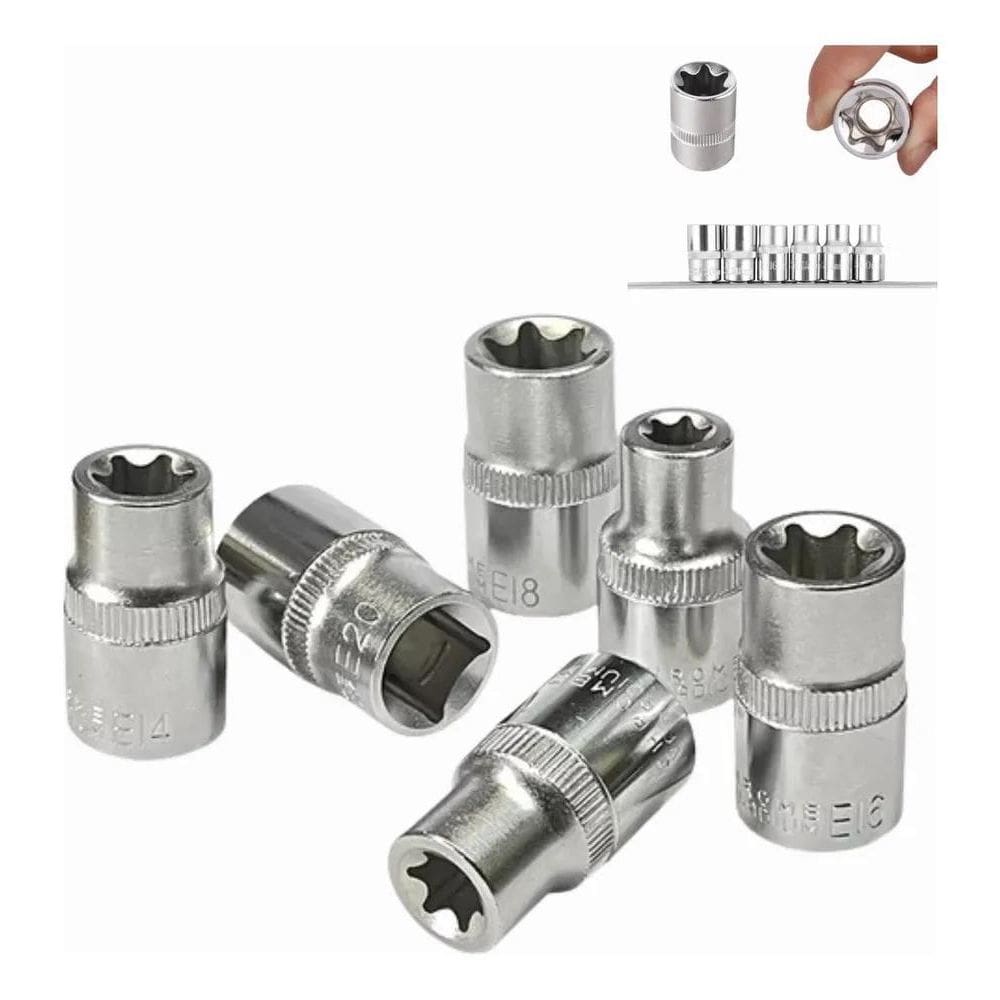 Kit Soquete Torxs 6 Pecas 1/2 Femea E10 A E20 Aço Vanádio