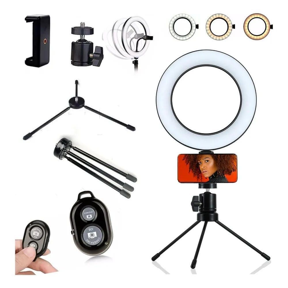 3X Ring Light Iluminador Led Selfie Tripé Mesa 16Cm + Blueto