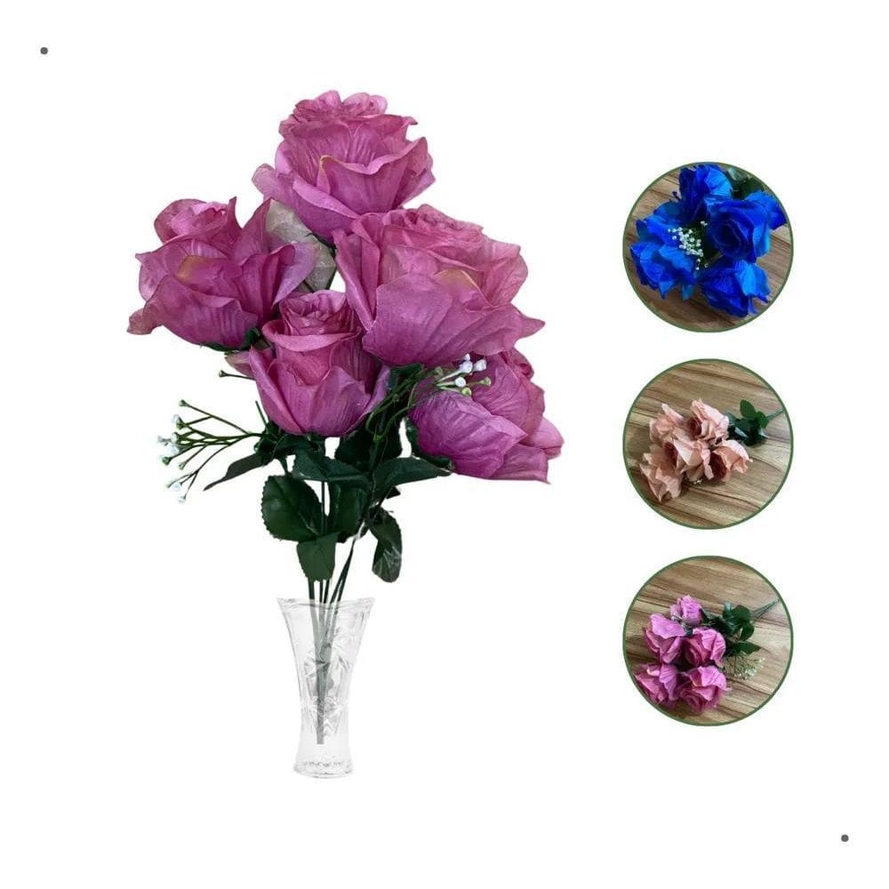 Buquê De Rosa Flor Artificial 43Cm 5 Flores Grandes Realista