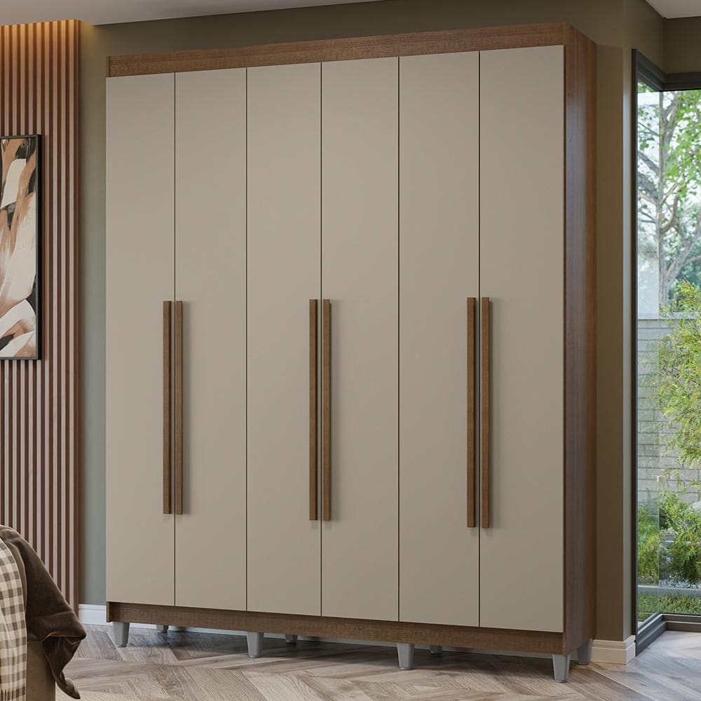 Guarda-Roupa Casal com Pés 6 Portas Batentes Rustic/Crema/Rustic Netuno Madesa