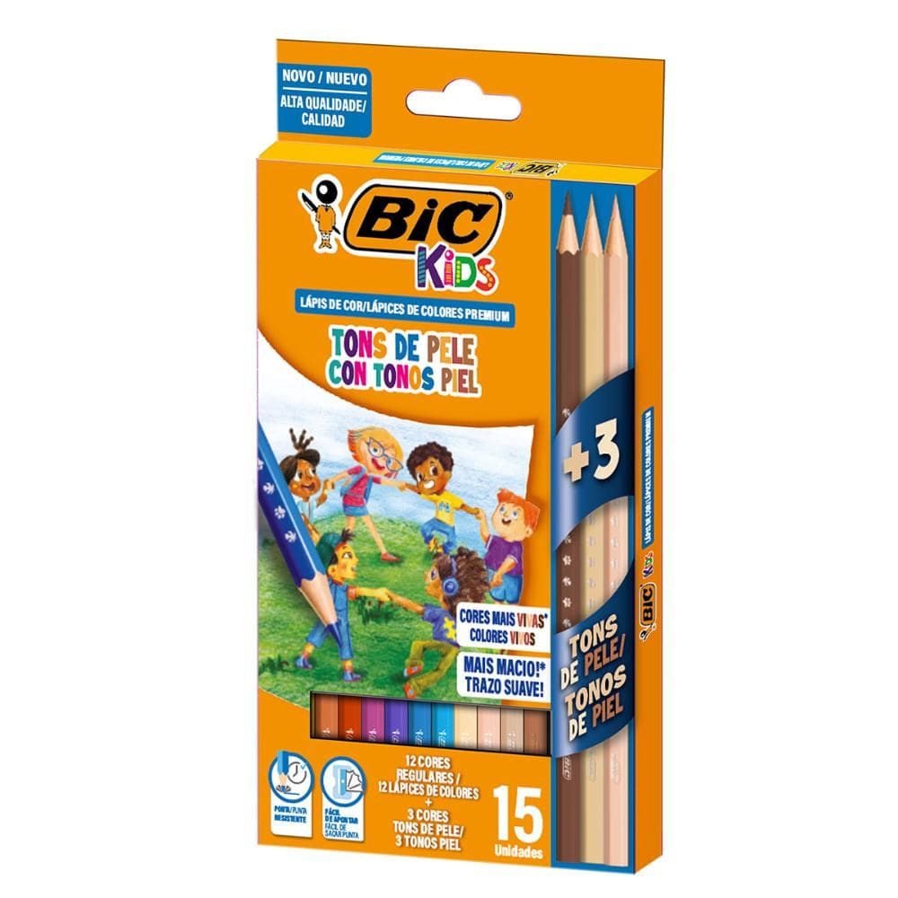 Lápis de cor 12 cores Kids Sextavado + 3 Tons de Pele - Bic