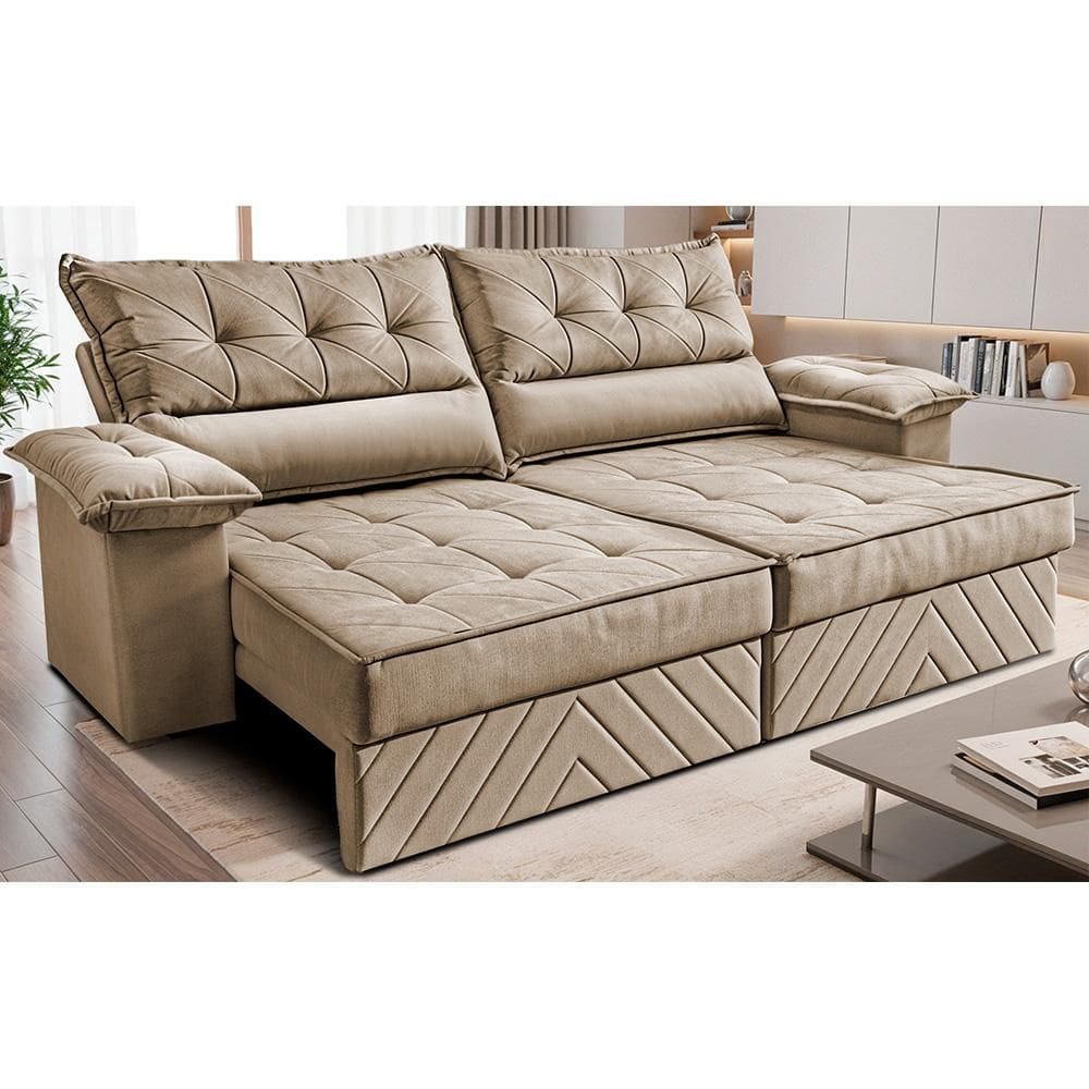 Sofá Retrátil e Reclinável 2,40m com Molas e Espuma D33 Thunder. Velusoft Cama inBox