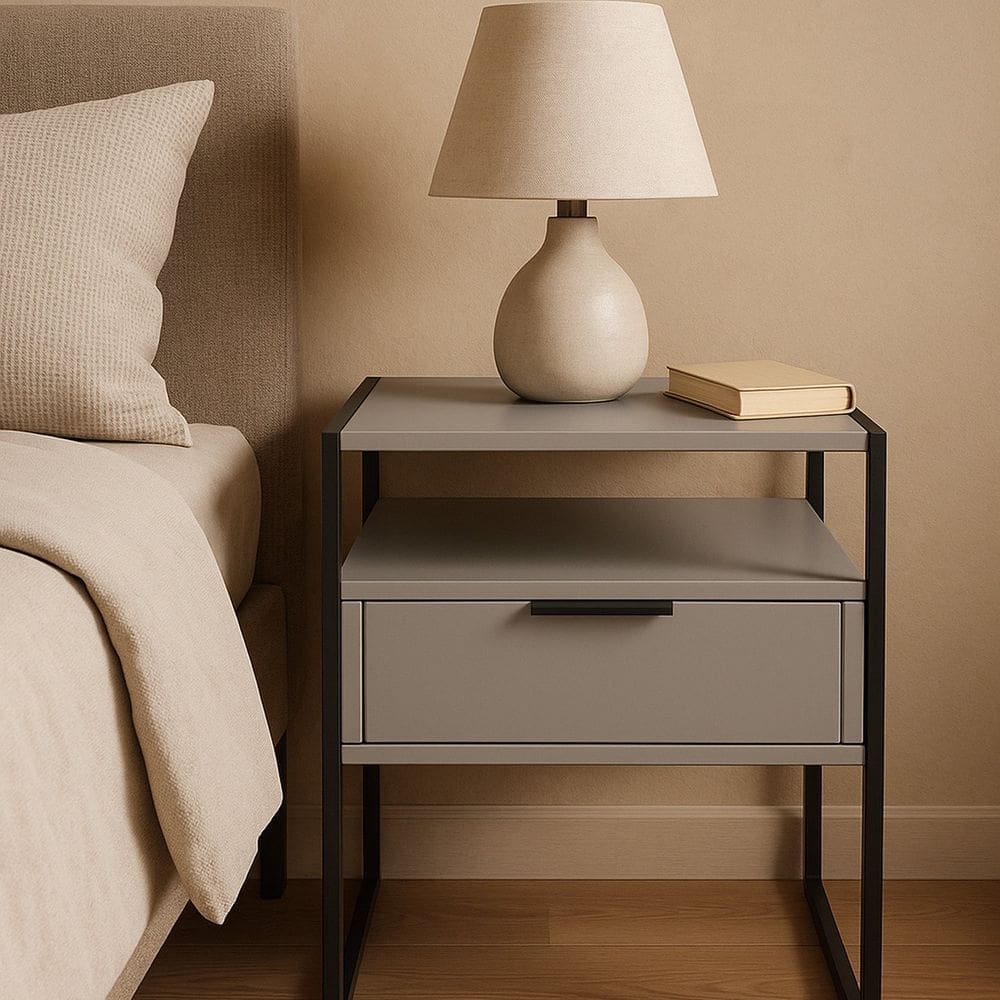 Mesa de Cabeceira 1 Gaveta Estilo Industrial Detroit Cinza