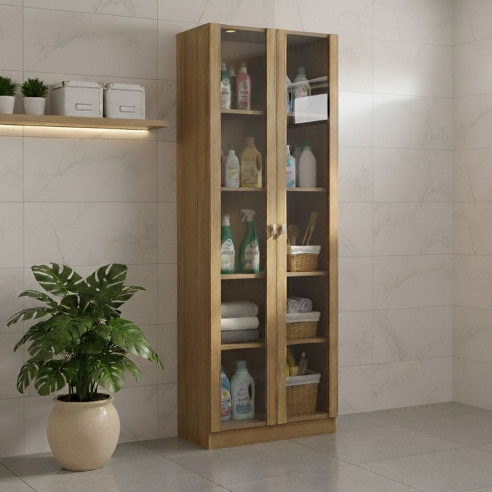 Armário Multiuso 60cm com 2 Portas de Vidro e 4 Prateleiras Am Amendoa