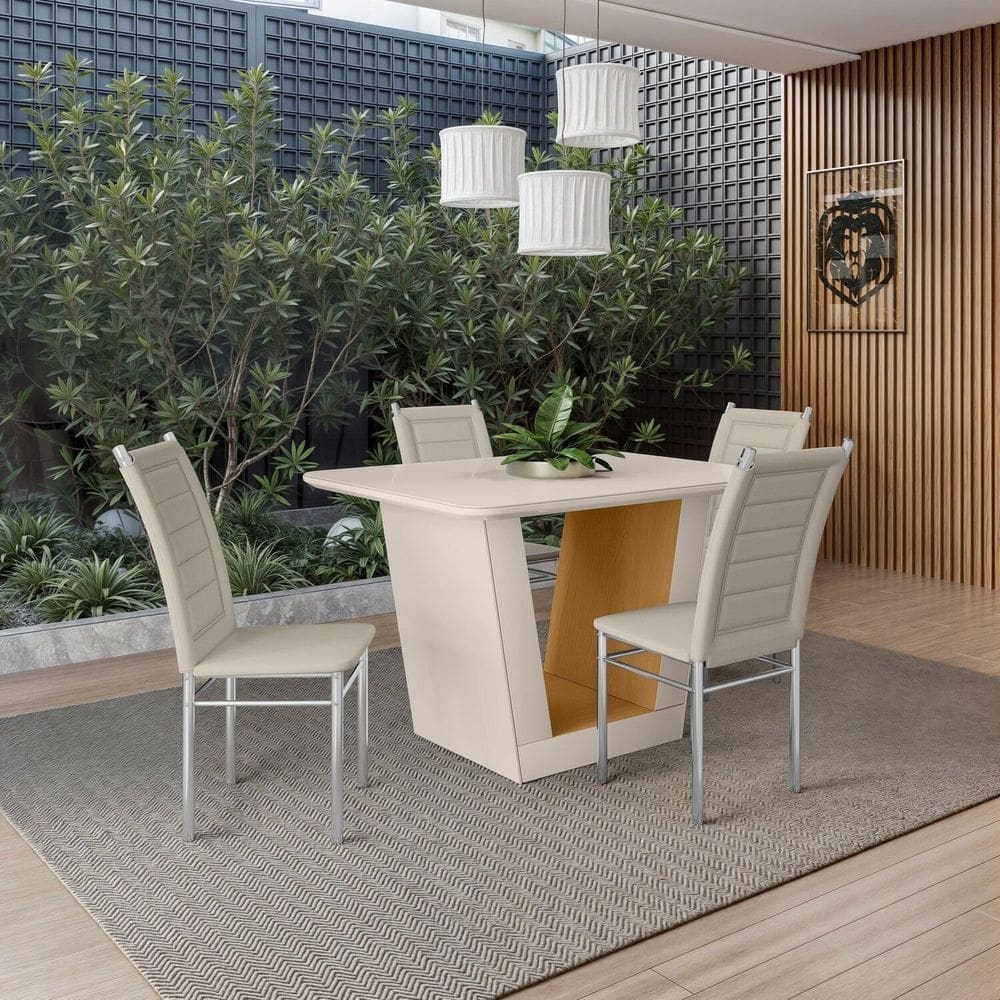 Mesa Viena 120x90cm Tampo de Mdf e Vidro com 4 Cadeiras Tokio Off White/Marrom
