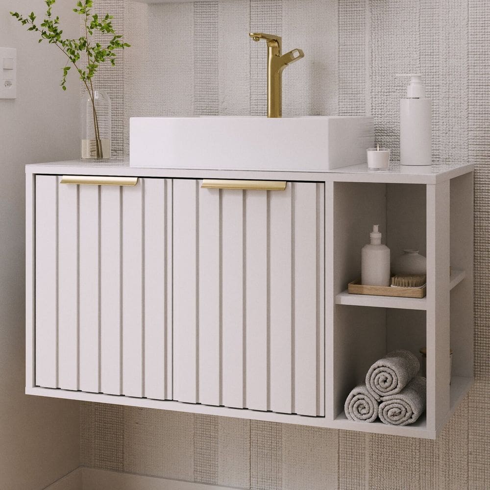 Gabinete para Banheiro 80cm com 2 Portas 2 Nichos e Cuba de Sobrepor Noruega Branco