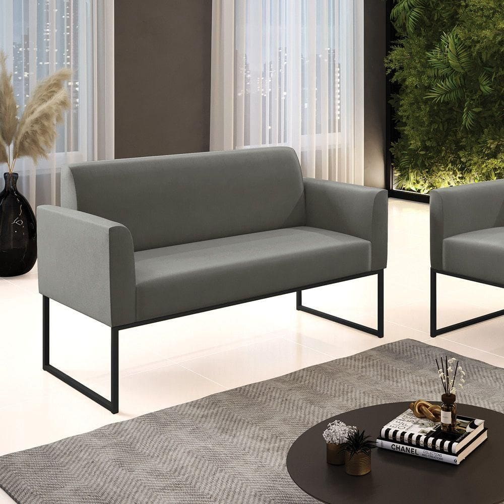 Sofá Namoradeira Base Industrial Preto Marisa Suede Grafite