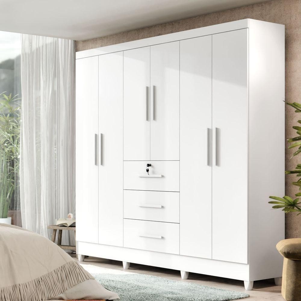 Guarda-roupa Casal 6 Portas 3 Gavetas Com Chave Mumbai Mdp Branco