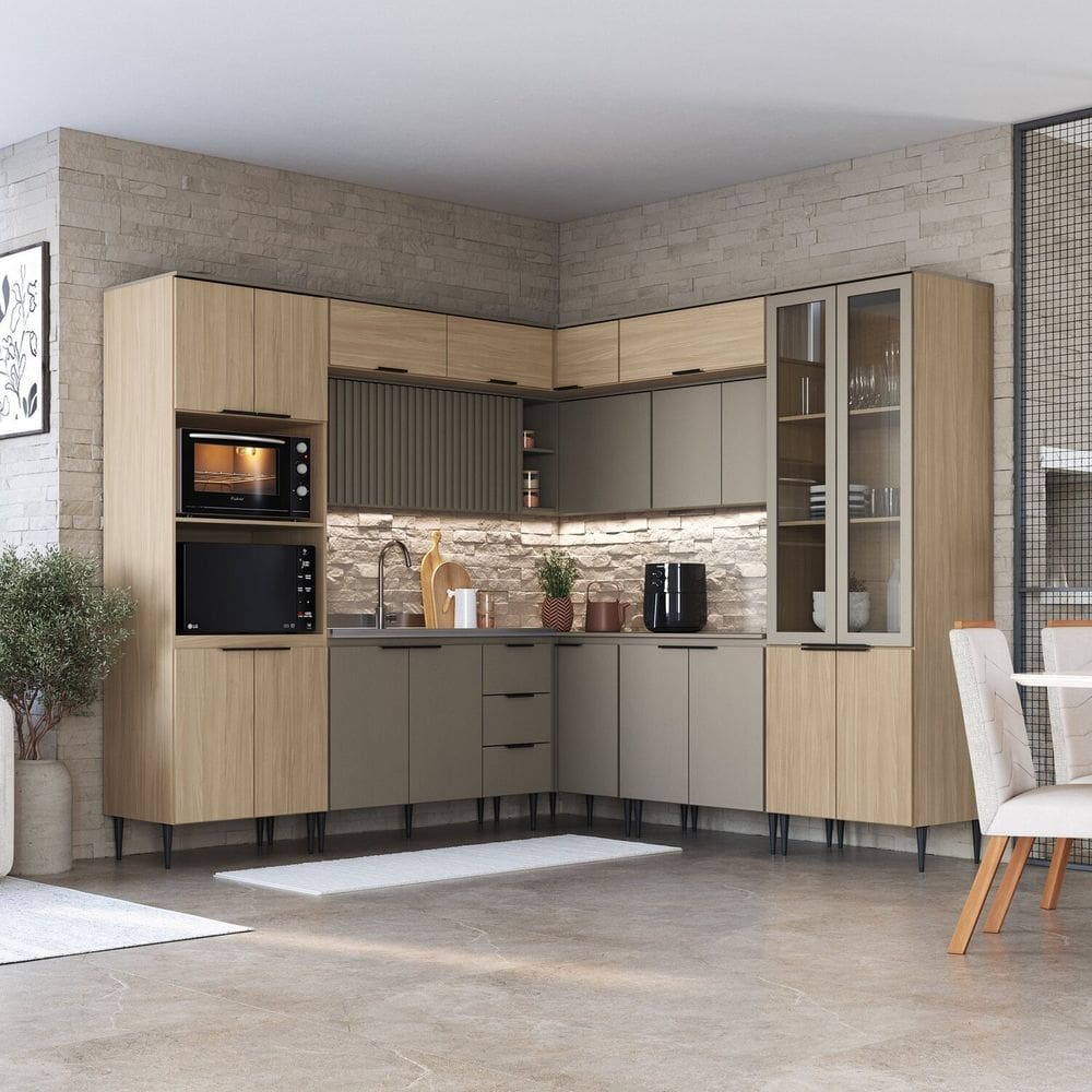 Cozinha Completa 11 Peças com Cristaleira e Aéreo Ripado e Canto Lavínia Imperial/Fumê