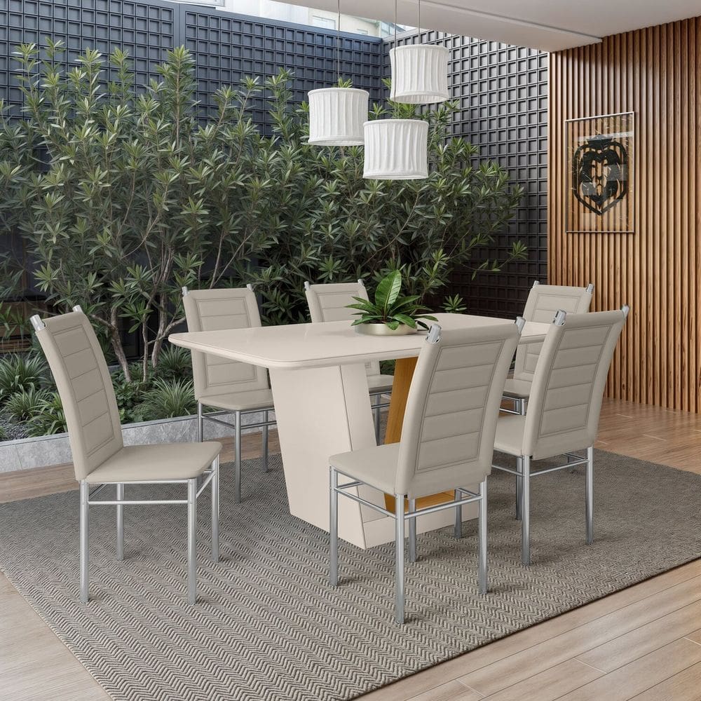 Mesa Viena 160x90cm Tampo Mdf e Vidro com 6 Cadeiras Tokio Off White/Marrom