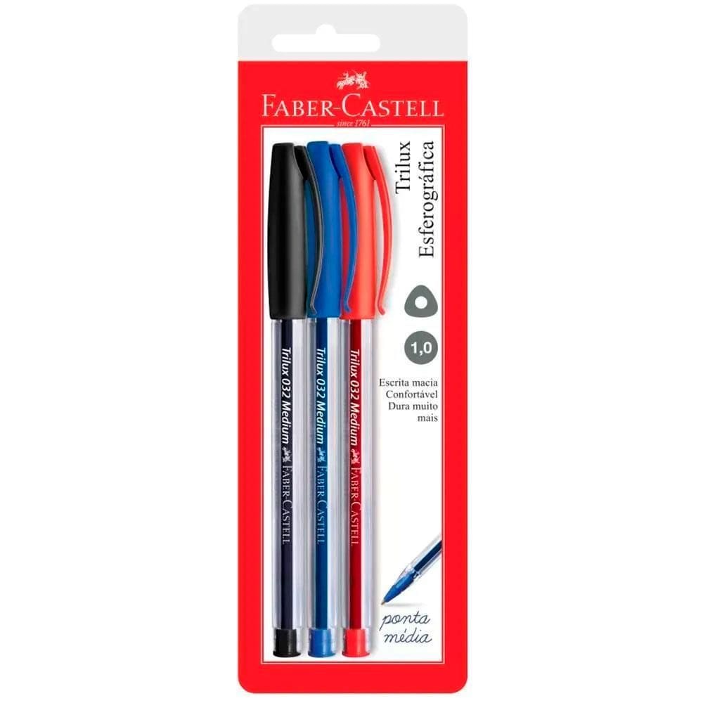 Caneta esfer Trilux azul/preto/vermelho 3 unid Faber-Castell