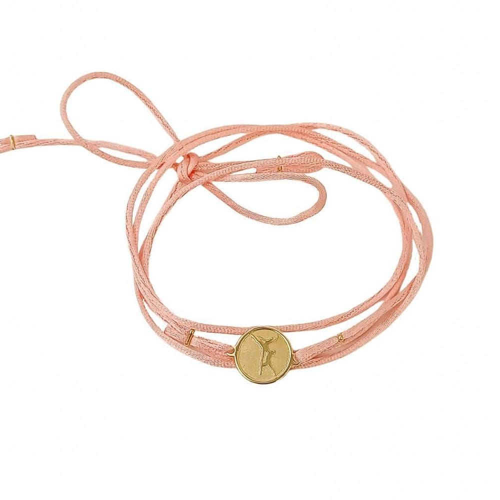 Pulseira Cetim Rosa Pingente Dueto Em Ouro 18K