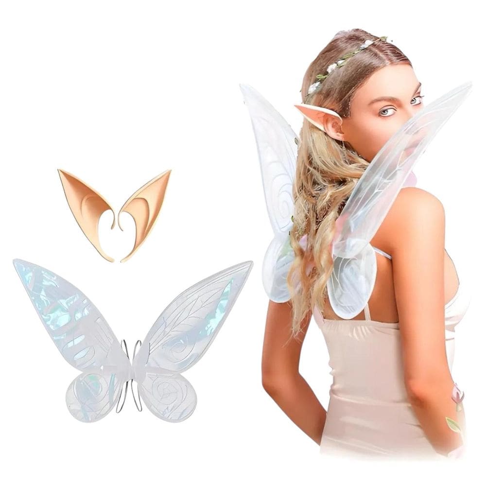 Fantasia Kit Fada da Floresta Elfo Borboleta Fadinha Sininho Holográfica Brilhante Festa Aniversário Carnaval Bloquinho