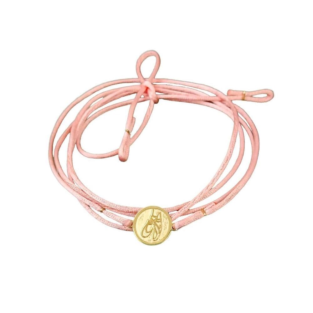 Pulseira Cetim Rosa Pingente Sapatilha Em Ouro 18K