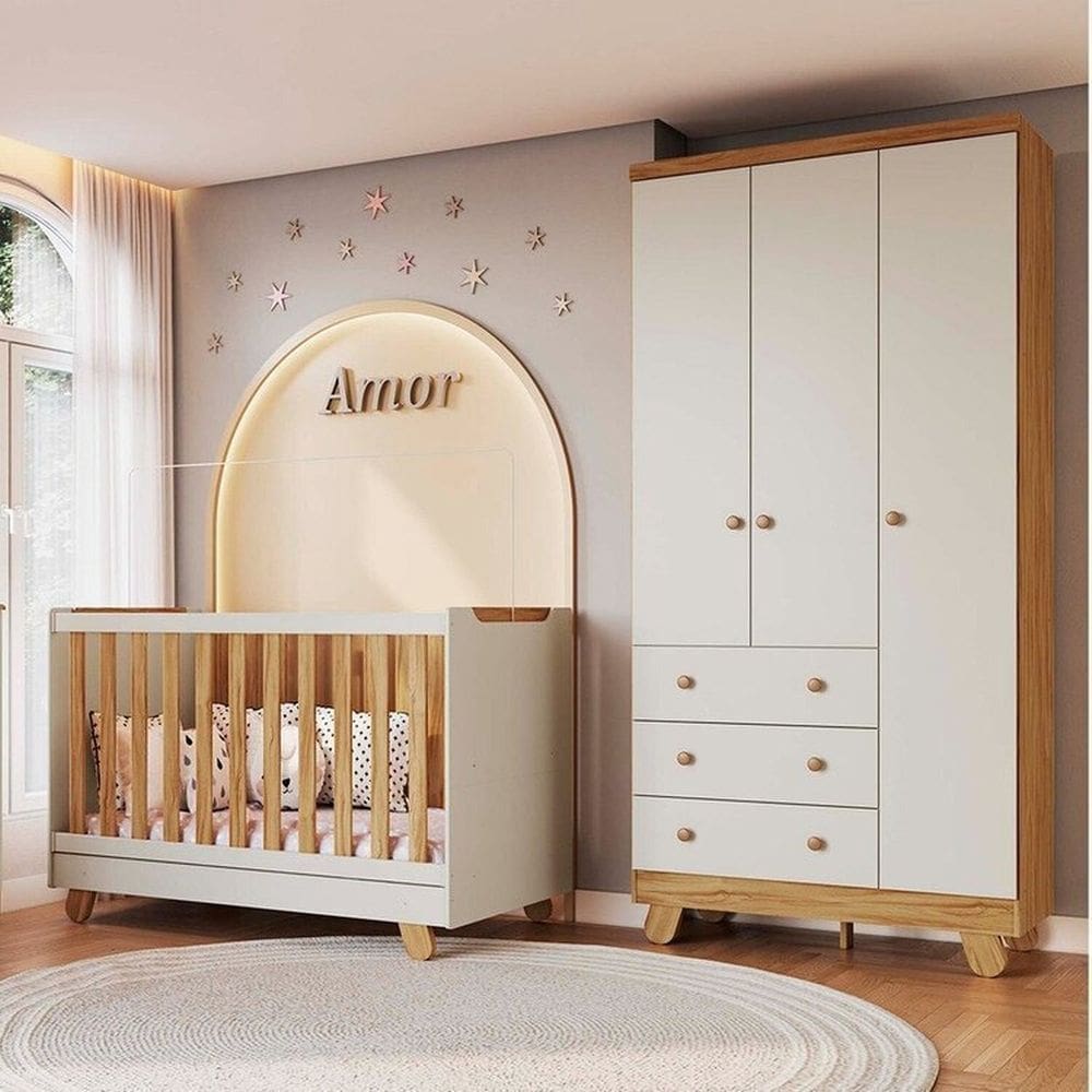 Quarto de Bebê com Guarda Roupa 3 Portas e Berço Minicama Levy 100% Mdf Espresso Móveis Amêndoa/Off White