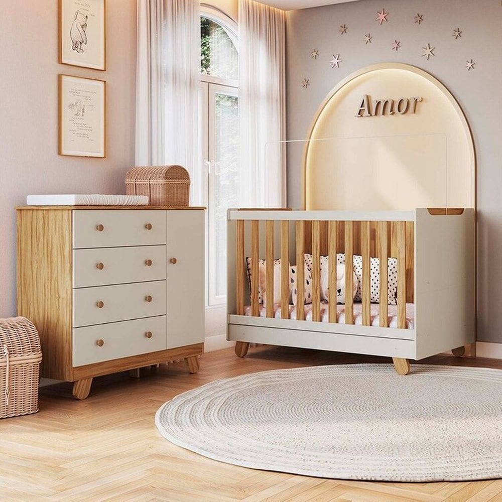 Quarto de Bebê com Cômoda 4 Gavetas e Berço Minicama Levy 100% MDF Espresso Móveis Amêndoa/Off White