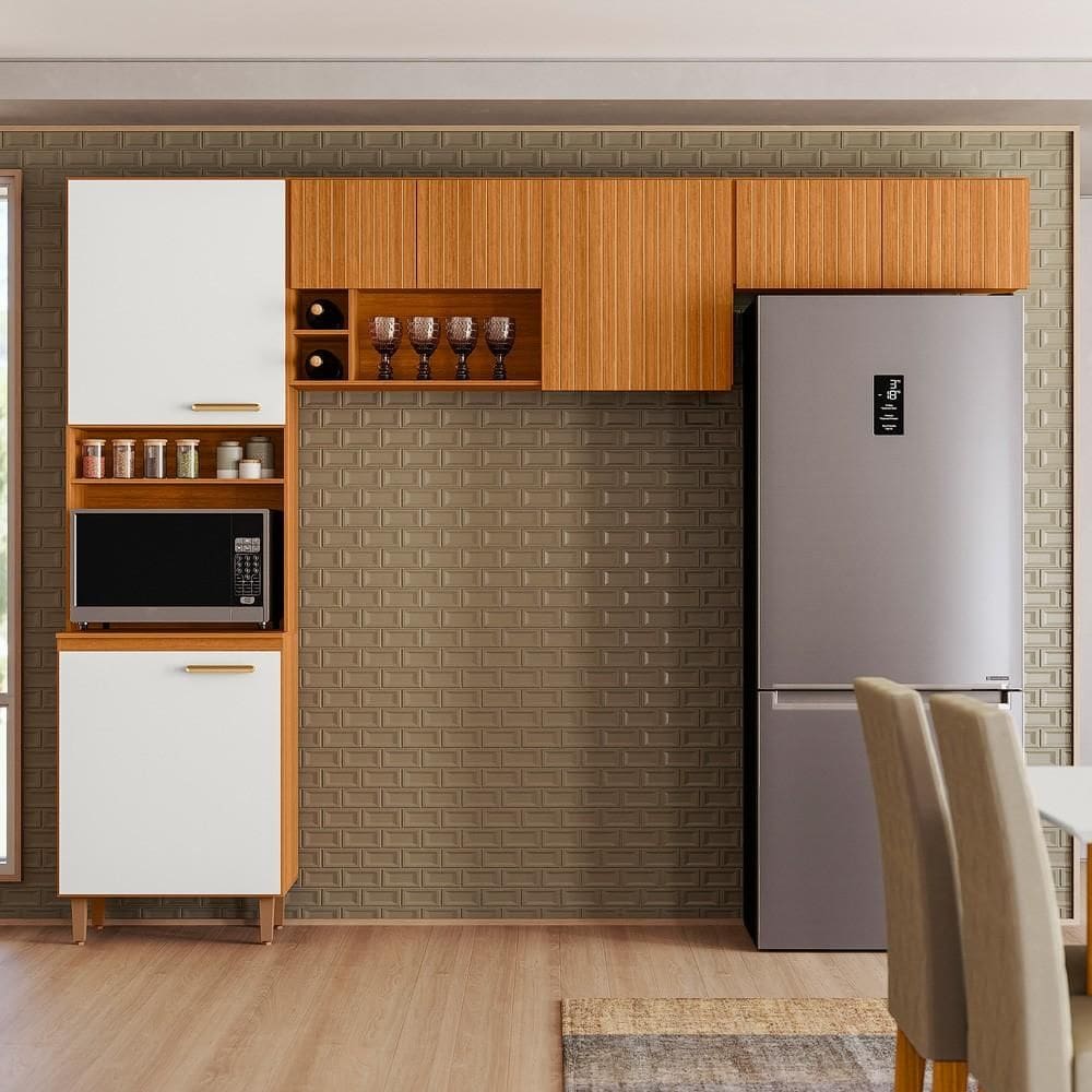 Cozinha Compacta 7 Portas Sicília Ripado Freijo/Off White Poliman Móveis