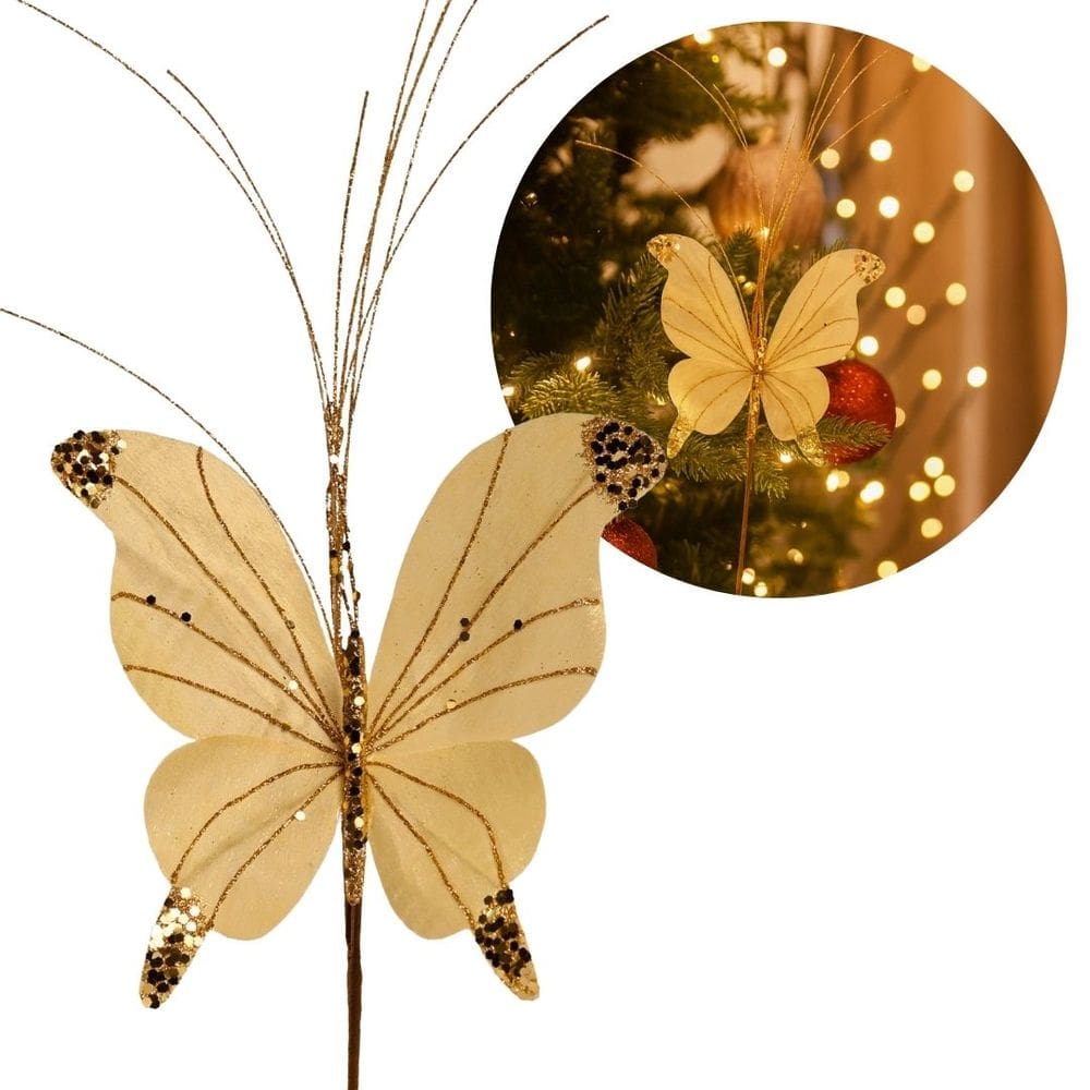 Borboleta Pick Natal Dourado Full Glitter Lantejoulas Luxo 23cm