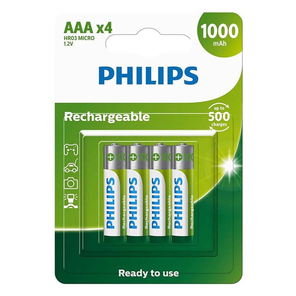Pilha recarregável AAA 1000mAh c/ 4 unid R03B4RTU10 Philips