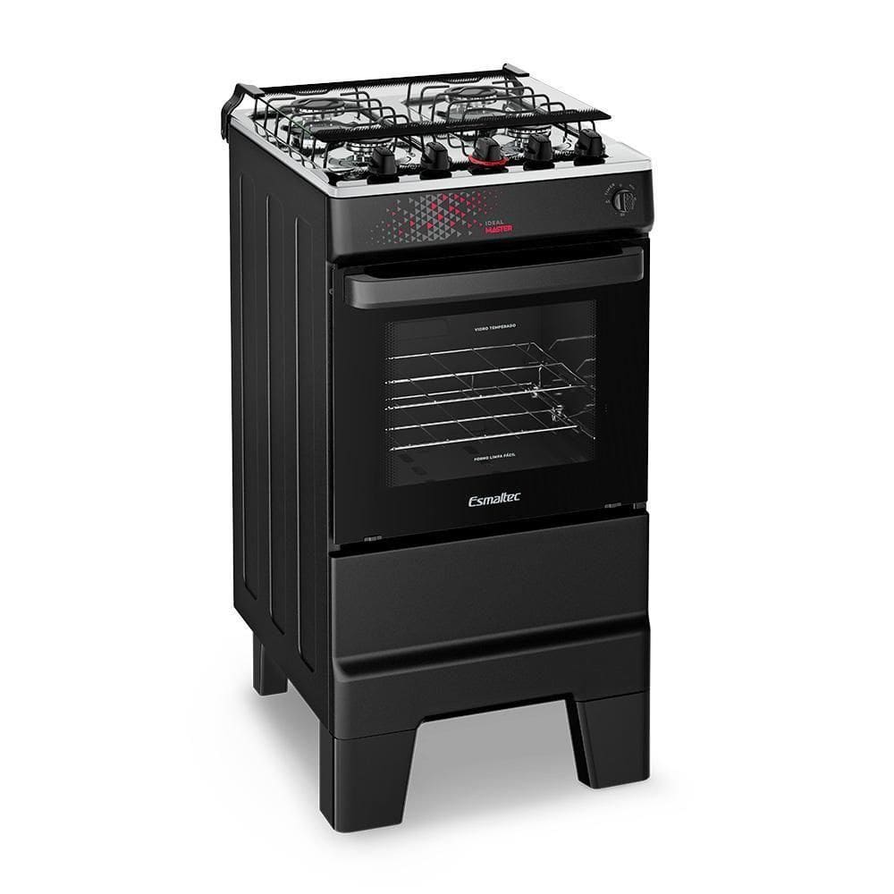 Fogão A Gás Mesa Inox Tampa De Vidro Forno 50L Esmaltec Ideal Master Preto 4 Bocas Bivolt