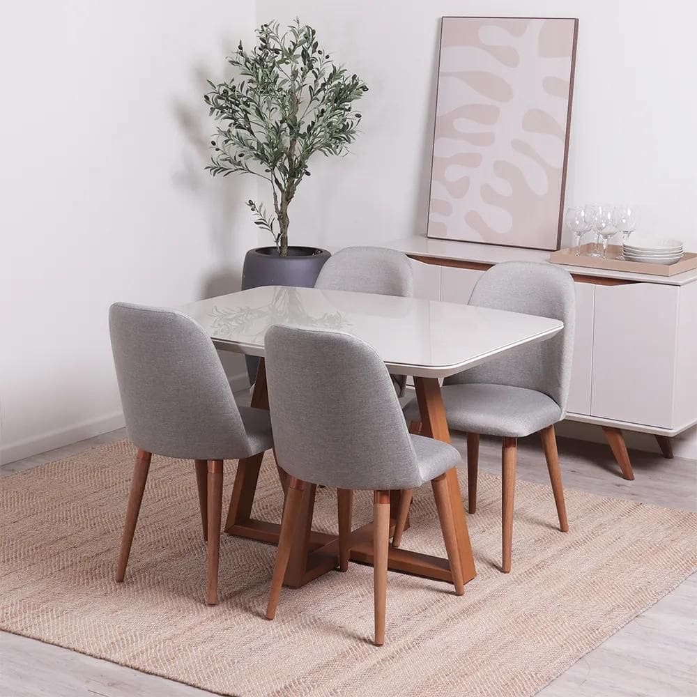 Conjunto de Jantar Mesa Retangular com Vidro Bennett 4 Cadeiras New Drop - Natural c/ Cinza