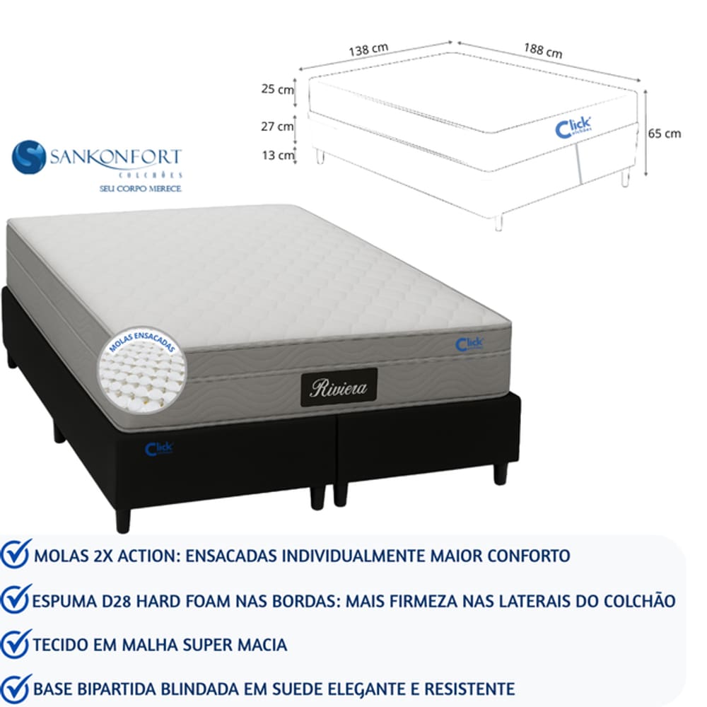 Conjunto Colchão Molas Ensacadas Riviera Casal 138x188 + Base Box Bipartida Blindada Suede Resistente