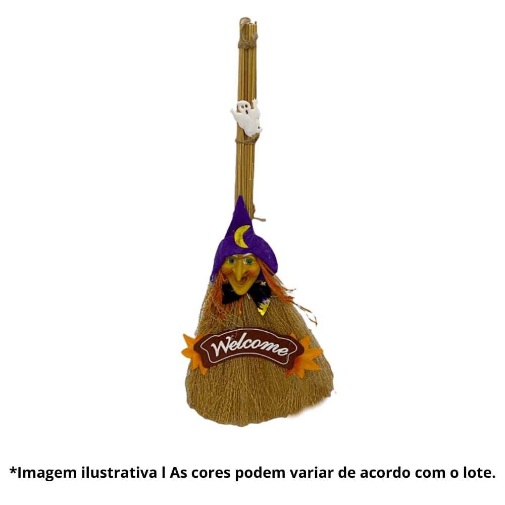 Enfeite Vassoura Bruxa Halloween Welcome 45cm