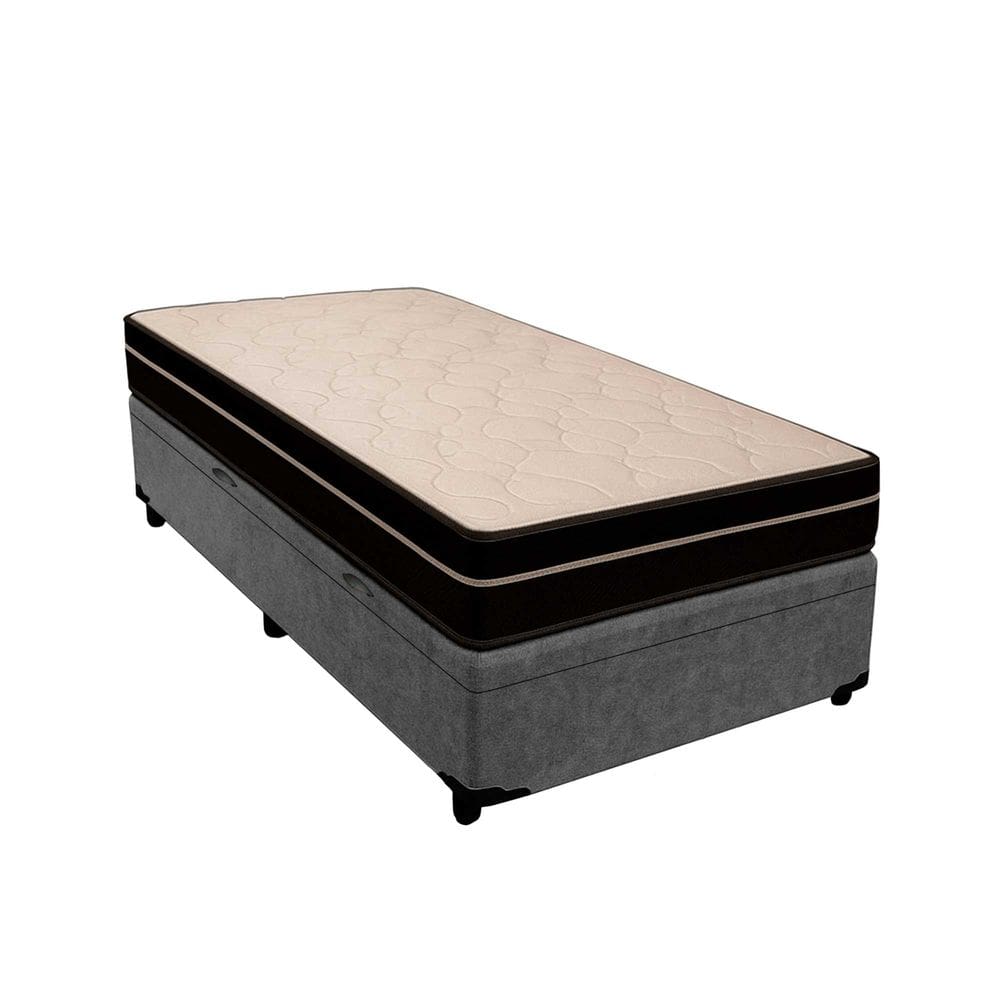 Cama Box Baú Solteiro 88 Suede Cinza com Colchão Paris de Molas Ensacadas Preto 67x88x188