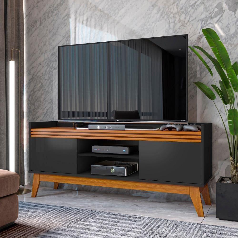Rack Tv Ripado 50 Polegadas Com 2 Portas Monaco - Preto E Cedro