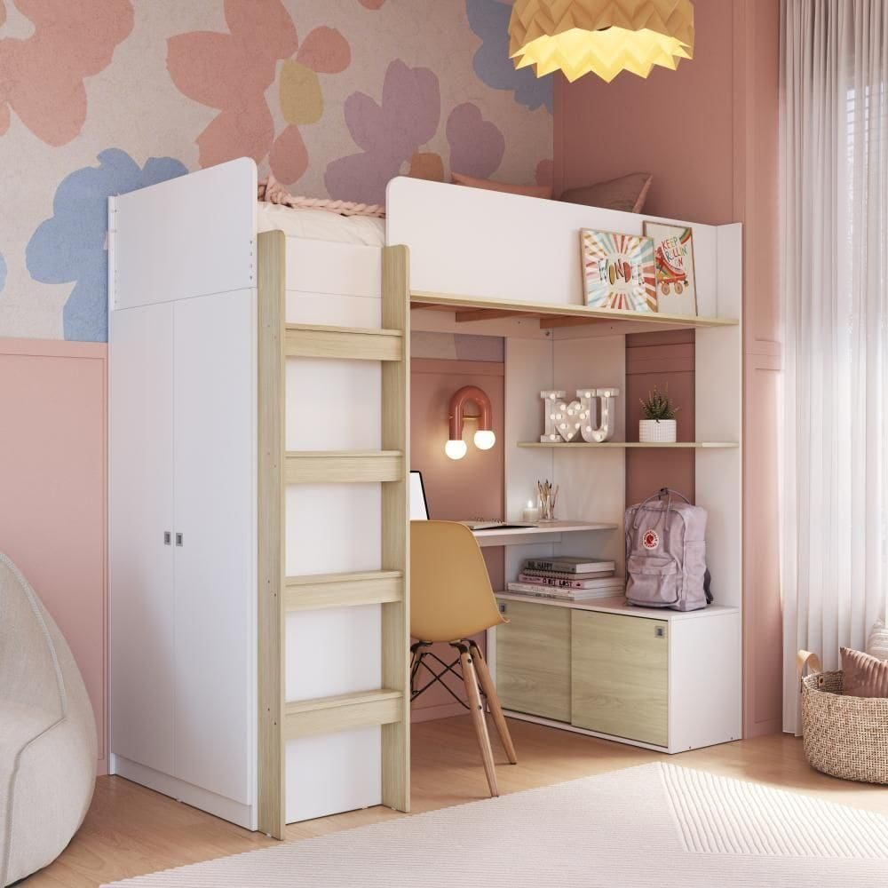 Cama Infantil Alta Multifuncional Office Solteiro Armário Escrivaninha Branca