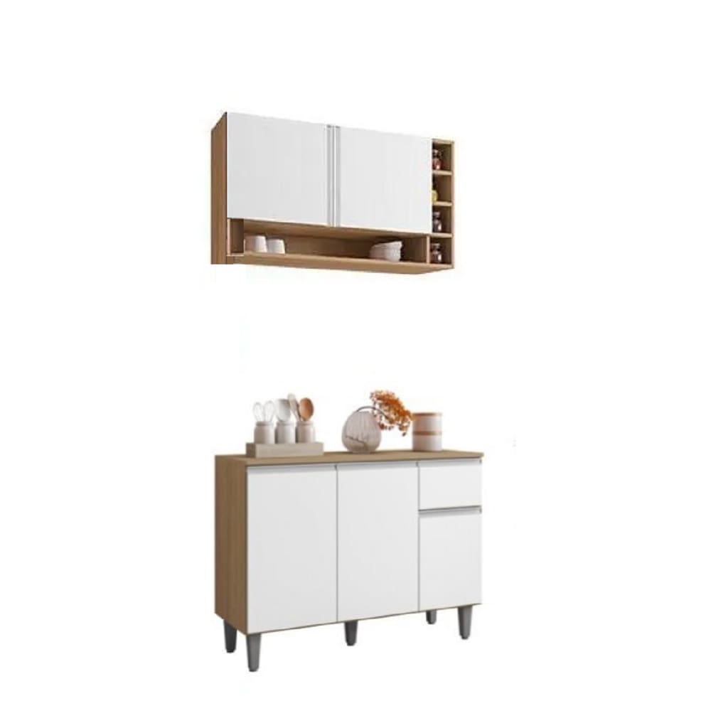 Kit Vanessa 105m Aereo com Adega e Balcão com Tampo Mdp - Amendoa/Branco AJL