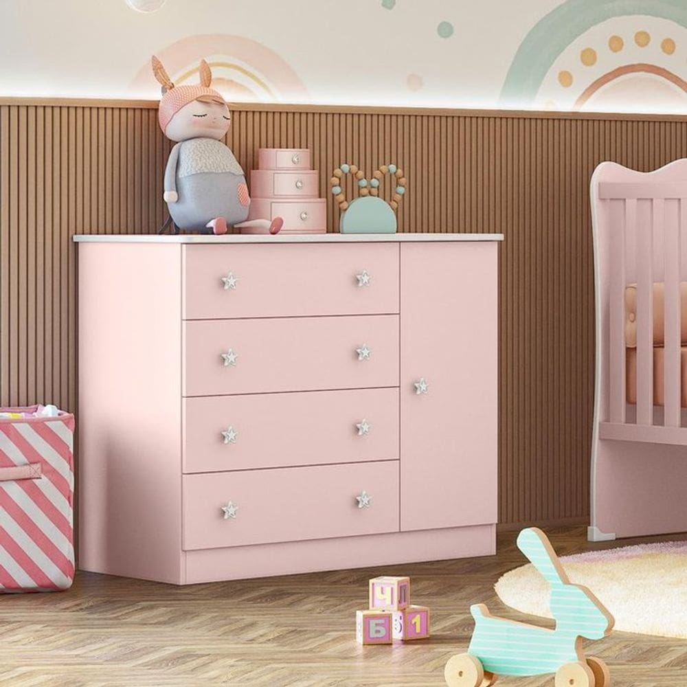Cômoda infantil DOCE SONHO - 4 GAVETAS COM SAPATEIRA ROSA ACETINADO