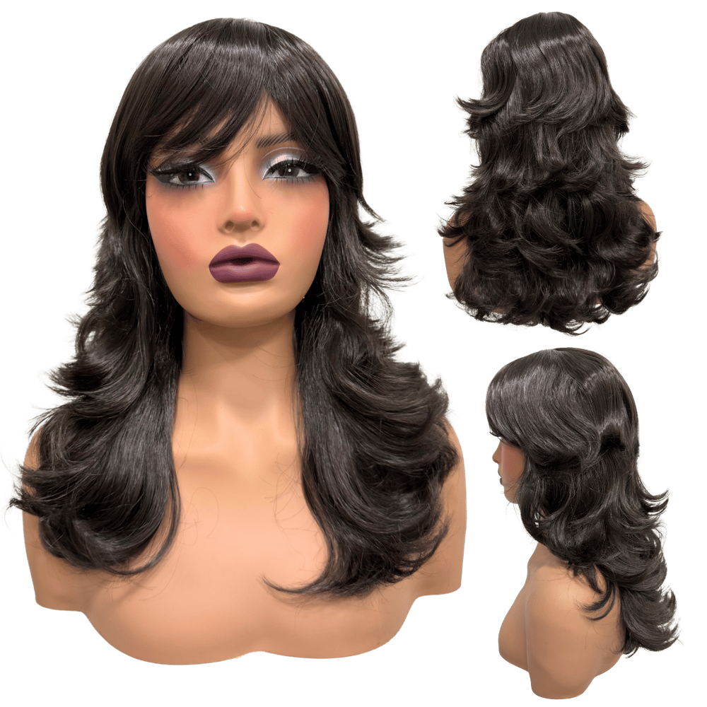 Peruca lisa super repicada com franja 40cm castanho escuro