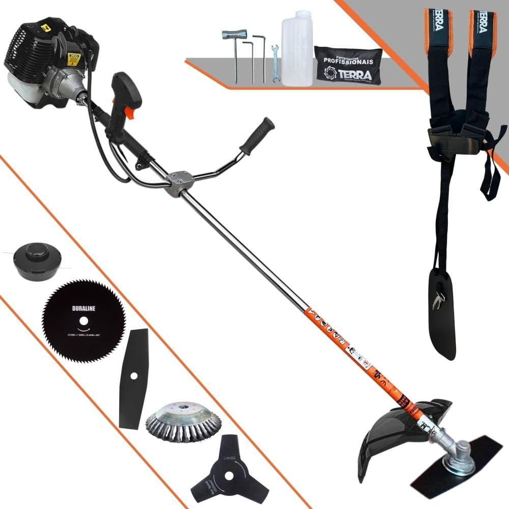 Roçadeira Terra GRH520 52cc 6.500rpm 2,5HP de Potência Multifunções Com Carretel e Faca 2 Pontas + Faca 3 Pontas + Faca 80 Dentes + Escova de Aço