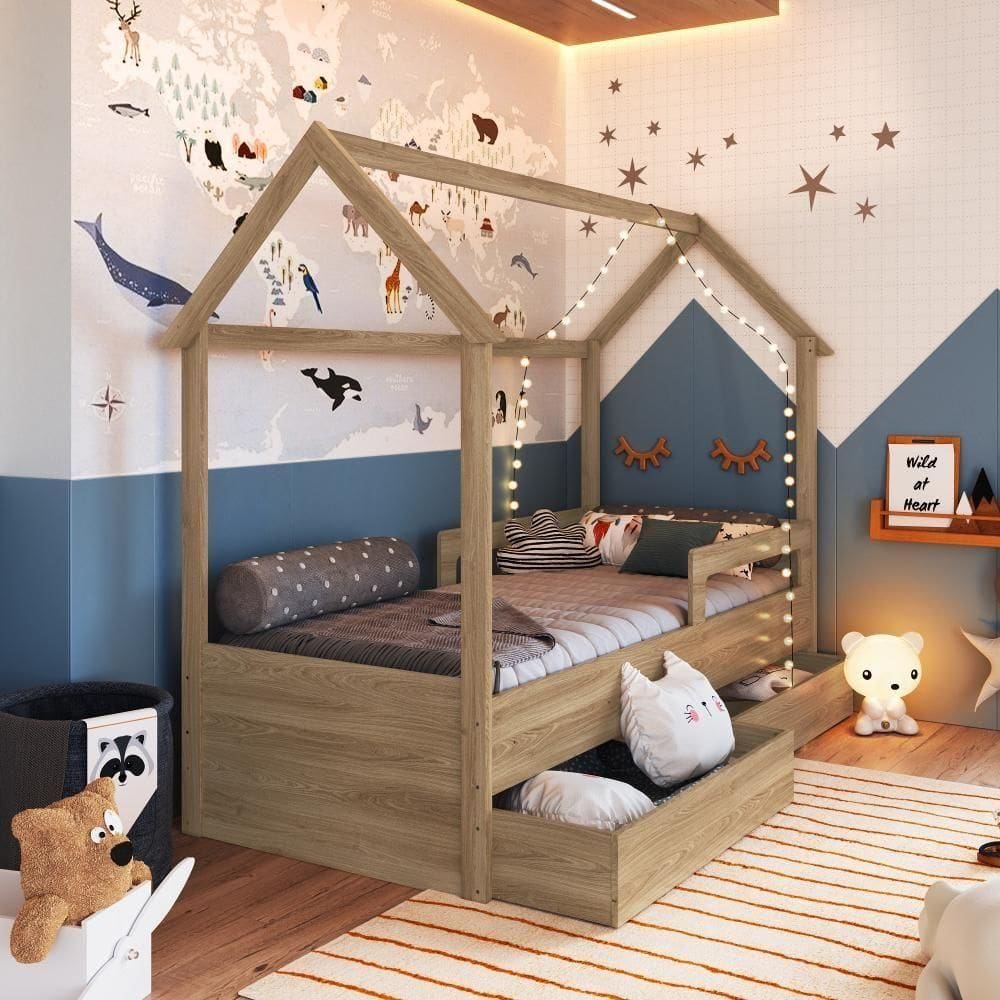 Cama Infantil Montessoriana Casinha Solteiro Gavetas com Roda Aveiro Oak