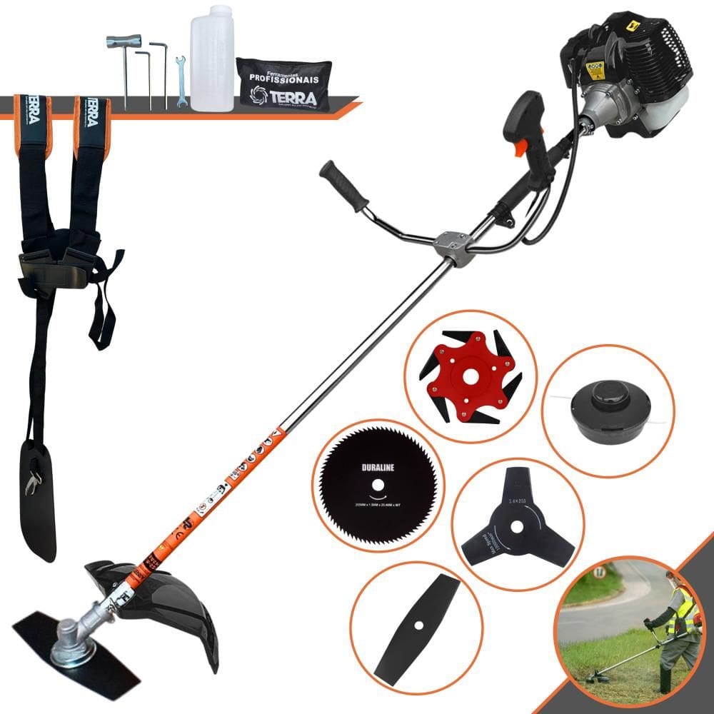 Roçadeira Multifuncional Lateral Terra GRH520 À Gasolina 2T 2,5HP 52cc 6.500rpm + Kit Extra de Lâmina 3 Pontas, Lâmina 6 Pontas e Lâmina 80 Dentes