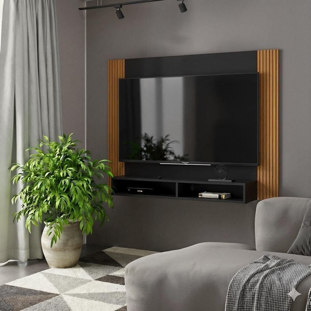 Painel Tv 43 Polegadas Suspenso Com Nichos Bonsai - Preto E Ripado Preto E Ripado