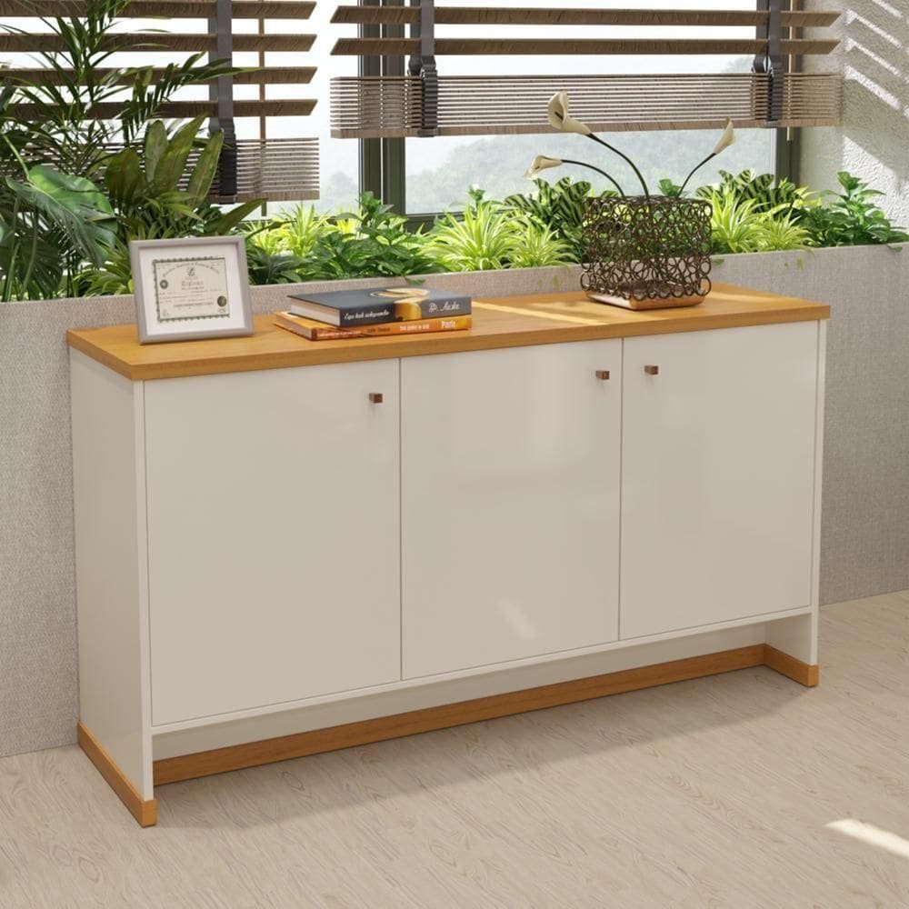 Buffet Aparador 3 Portas 136cm Com Tampo 25mm Verbena - Off White E Naturale