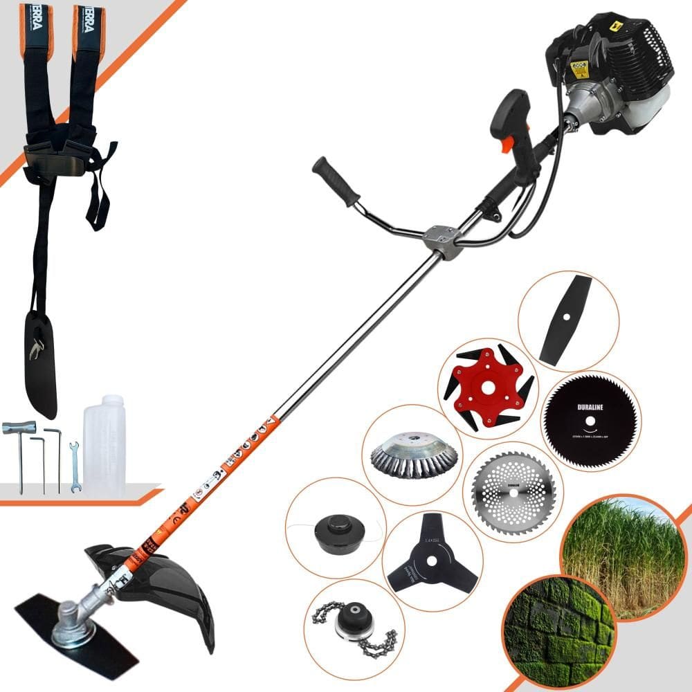 Roçadeira Terra GRH520 2T 52cc 2,5HP Com Carretel Nylon + Facas 2 Pontas, 3 Pontas, 6 Pontas, 40 Dentes de Vídea, 80 Dentes, Trimmer e Escova de Aço