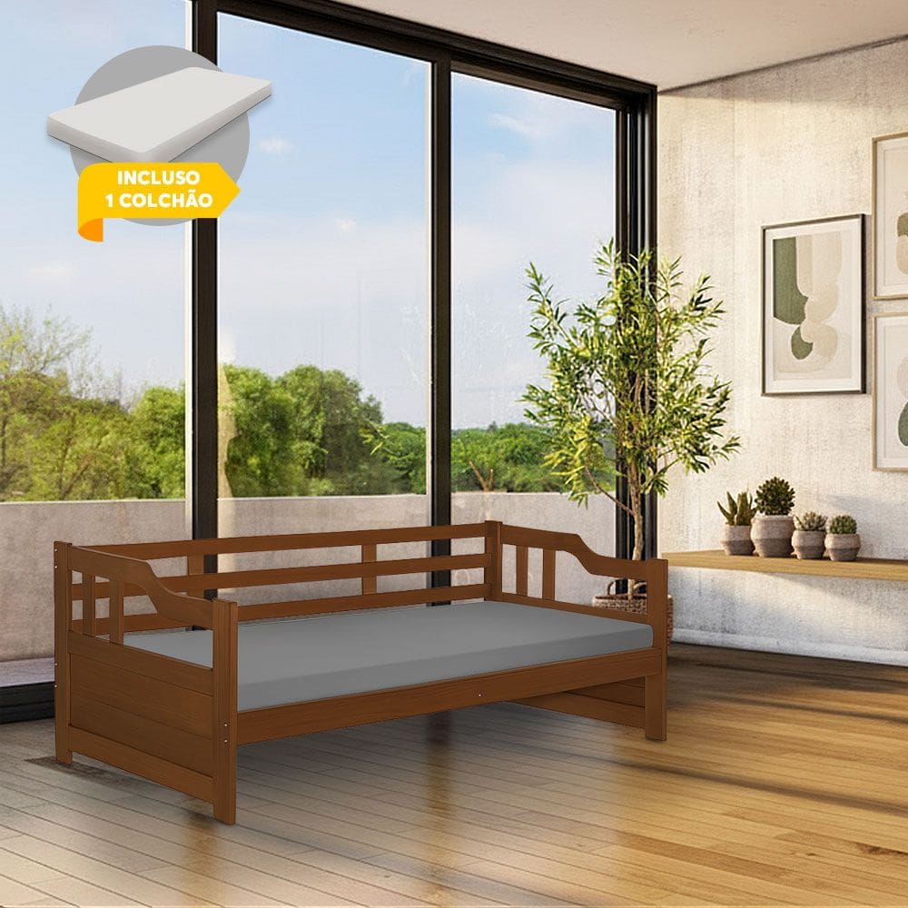 Sofá Cama Zurique com Colchão Mona de Madeira Maciça Castanho