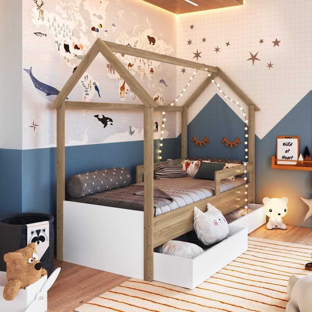 Cama Infantil Montessoriana Casinha Solteiro Gavetas com Roda Aveiro com Branco